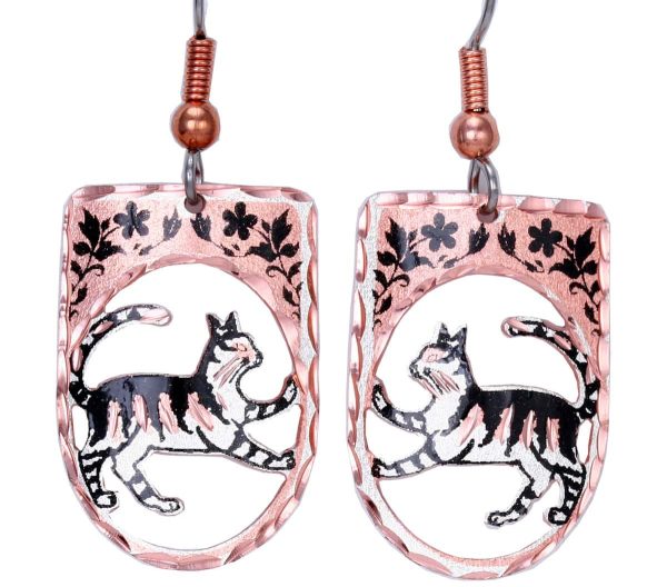 Handmade earrings wholesale, Cut out copper cat earrings with diamond cutting to sparkle