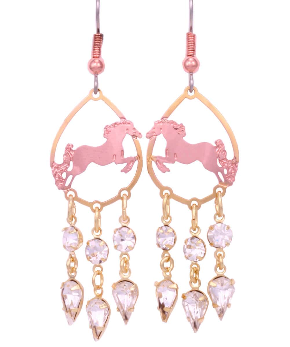 Chandelier horse earrings made from copper with gold plated border with dangle crystals Chandelier horse earrings made from copper with gold plated border with dangle crystals