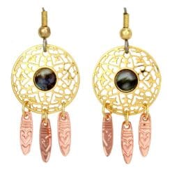 Unique handmade gold plated dream catcher earrings with copper dangles