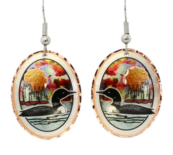 Sun set on a lake with loon earrings for women who love nature