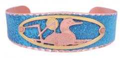 Handcrafted blue patina bracelet decorated with cut out loon design in gold and copper