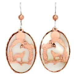 Dangle cut out copper eagle and wolf earrings accentuated with mother of pearl shell