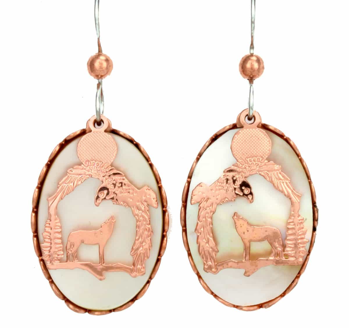 Fashion earrings, mother of pearl and dangle cut out copper eagle and wolf earrings Fashion earrings, mother of pearl and dangle cut out copper eagle and wolf earrings