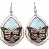 Butterfly earrings accentuated with blue and pink pastel color background