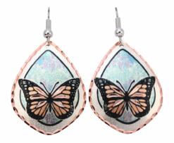 Butterfly earrings accentuated with blue and pink pastel color background