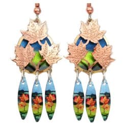 Purchase delicate maple leaves earrings cut out gold and copper with colorful dangle backdrop
