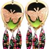 Cut out gold and copper pretty butterfly earrings with colorful dangle backdrop