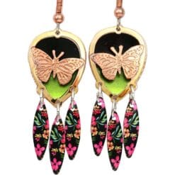 Buy gorgeous butterfly earrings in gold and copper cut out with dangle colorful backdrop
