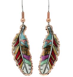 Colorful copper feather earrings handmade in brilliant colors to brighten up your days