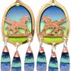 Gold and copper cut out foal and horse earrings with dangle colorful backdrop