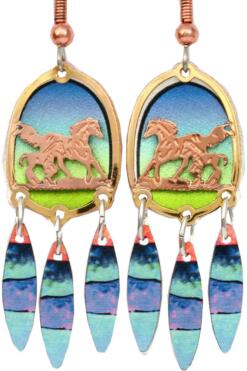 Gold and copper cut out foal and horse earrings with dangle colorful backdrop
