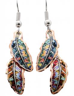 Colorful copper dangle feather earrings