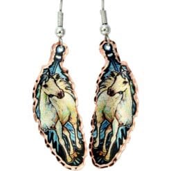 Feather earrings handmade from copper with pretty white horse artwork