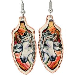 Buy feather earrings with native horse and colorful background