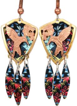 Purchase delicate hummingbird earrings cut out gold and copper with colorful dangle backdrop