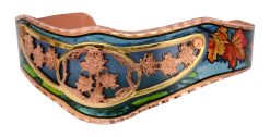 Gorgeous cut out maple leaves bracelet embellished with a colorful copper cuff as background.