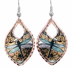 Copper dragonfly earrings highlighted with colorful accents
