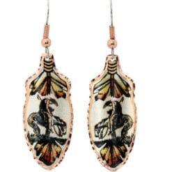 Feather-shaped end of the trail earrings handmade from copper in colorful artwork