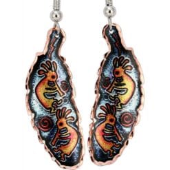 Purchase attractive copper feather earrings with kokopelli artwork