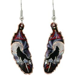 Howling Wolf at Moon Copper Feather Earrings. No Polishing Required