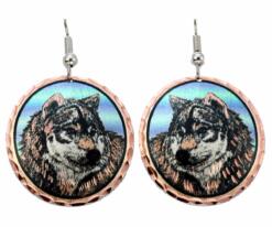 Copper wolf earrings highlighted with colorful accents