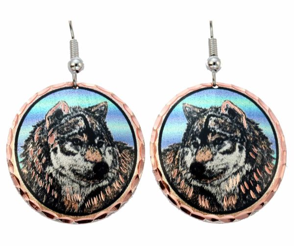 Copper wolf earrings highlighted with colorful accents