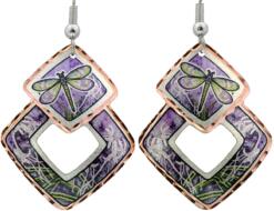 Dragonfly earrings handmade in cut out squares with purple flowers