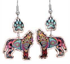 Dangle Earrings with Wolf and Wolf Paw Artwork