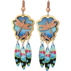Purchase delicate dragonfly earrings cut out gold and copper with colorful dangle backdrop