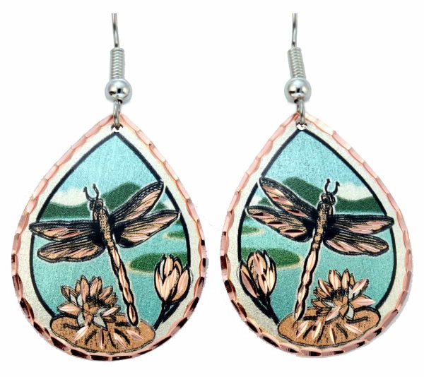 Buy water lilies and dragonfly earrings with silvery blue background
