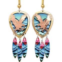 Purchase cut out gold and copper eagle earrings with colorful dangle backdrop