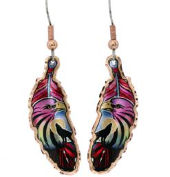 Colorful eagle and wolf copper feather earrings original and different from any handmade jewelry you ever had