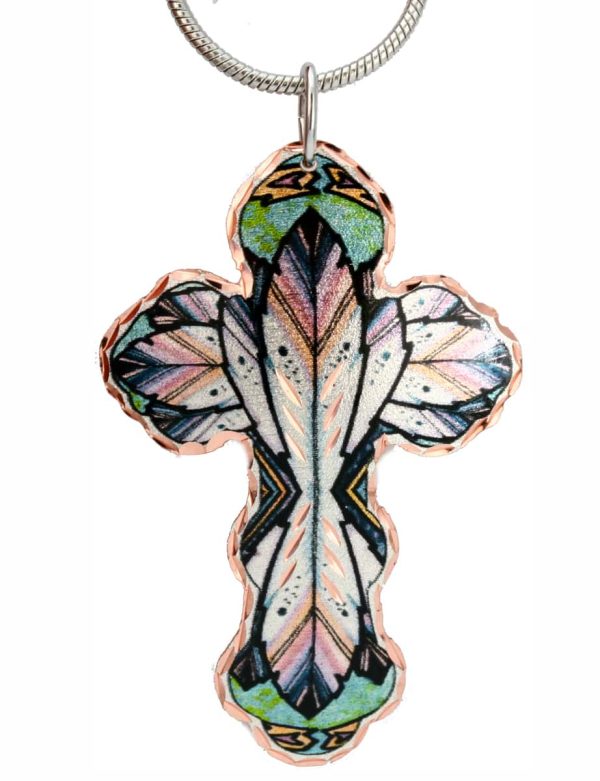 Colorful feather artwork copper cross necklace will take everyone's breath away
