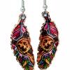 Colorful copper feather-shaped earrings designed in magnificent bear artwork