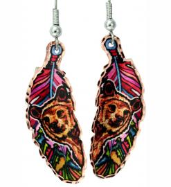 Colorful copper feather-shaped earrings designed in magnificent bear artwork