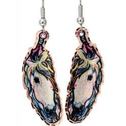 Painted pony copper feather earrings quality of our craftsmanship will be cherished for a life time.