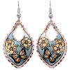 Buy flowers and butterfly earrings made from copper with silvery blue background color