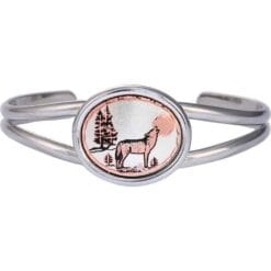 Wire bracelets embellished with copper howling wolf artwork