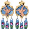 Cut out gold and copper hummingbird earrings with colorful dangle backdrop