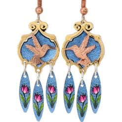 Fascinating cut out hummingbird earrings in gold and copper with colorful background