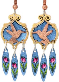 Cut out gold and copper hummingbird earrings with colorful dangle backdrop