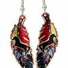 Copper feather earrings created in horse silhouette with colorful background