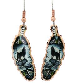 Alaska scene howling wolf copper feather earrings goes with anything and everything