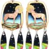 Buy howling wolf earrings cut out in gold and copper with colorful artwork dangle backdrop