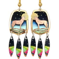 Gold and copper cut out howling wolf earrings with dangle colorful backdrop