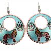Colorful howling wolf and wolf paws earrings with silvery blue background