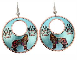 Colorful howling wolf and wolf paws earrings with silvery blue background