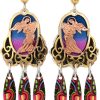 Gold and copper cut out angel earrings with dangle colorful backdrop