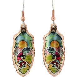 Feather-shaped Kokopelli earrings handmade from copper in colorful artwork for a Southwestern fashionable look
