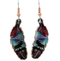 Moose in Northern lights feather earrings handmade from copper in fascinating colors